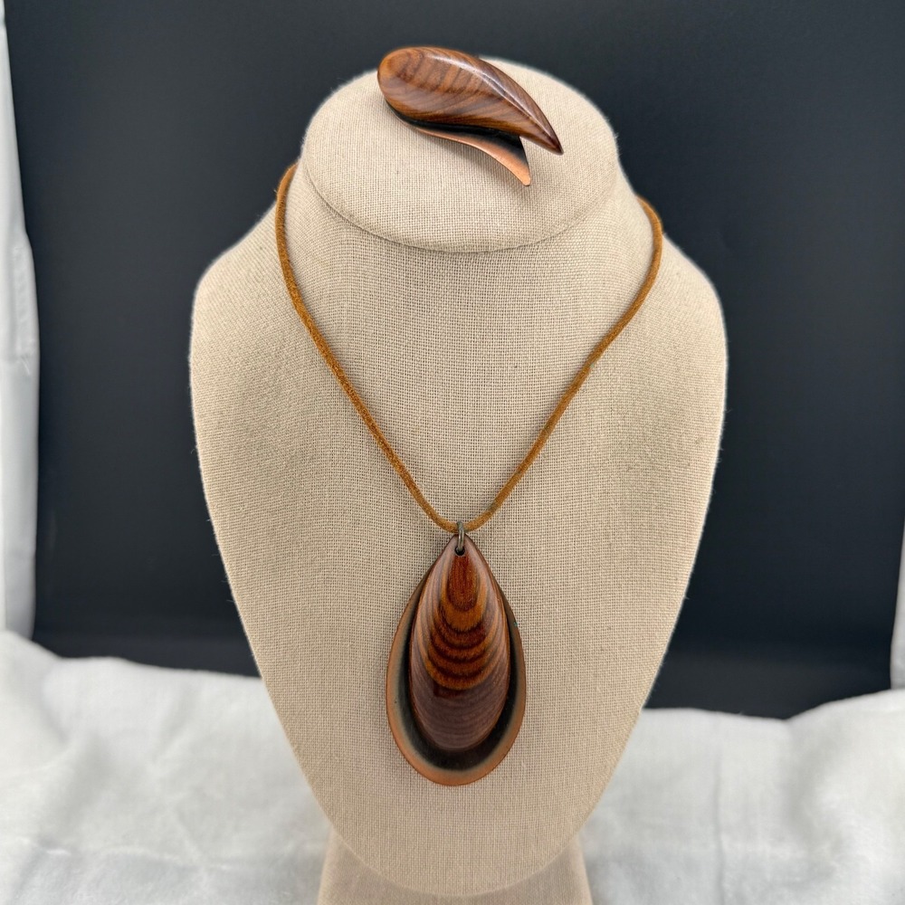 Vintage Estate Jewelry Set Brown Wood Copper Brooch Necklace 15"